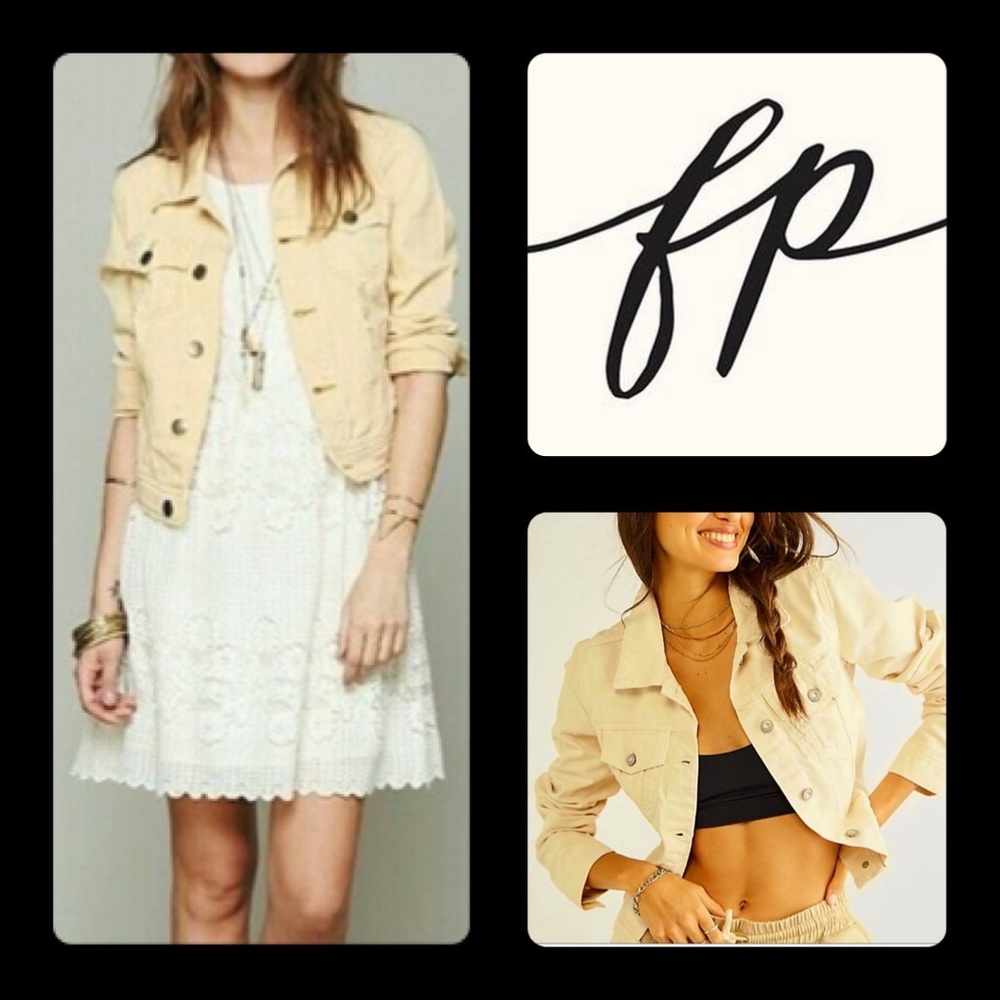 🪶New! FREE PEOPLE Rumors Butter Yellow Boho Denim Crop Jacket w/Tan Stitches-S
